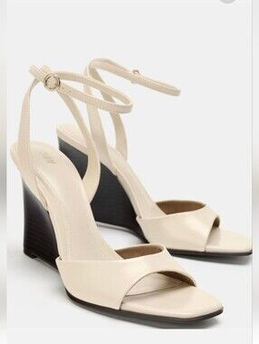 Zara Wedge Sandals Open Square Toe Ankle Strap Heels In Off White  Sz. 6.5 / 37